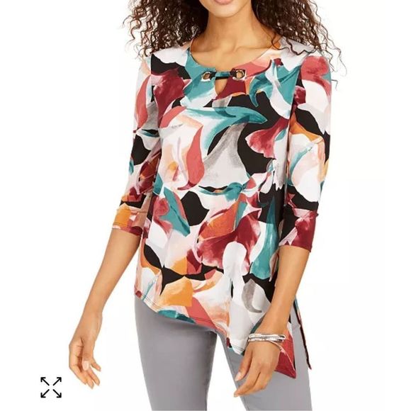 JM Collection Tops - JM Collection Abstract Art Colorful Swirls Asymmetrical Top Size Petite S EUC